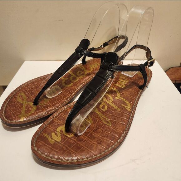 Sam Edelman "GIGI" Black Croc Print Leather T-Strap Flat Sandals sz.8 Ret $120 - Picture 1 of 7
